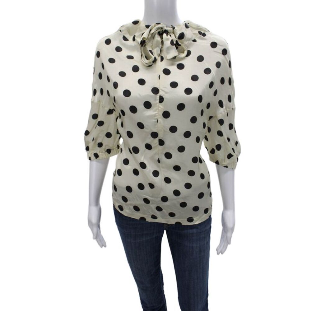 Hache Women Blouse Ivory Polka Dot Collared Viscose 3/4 Sleeve Zip Size 40